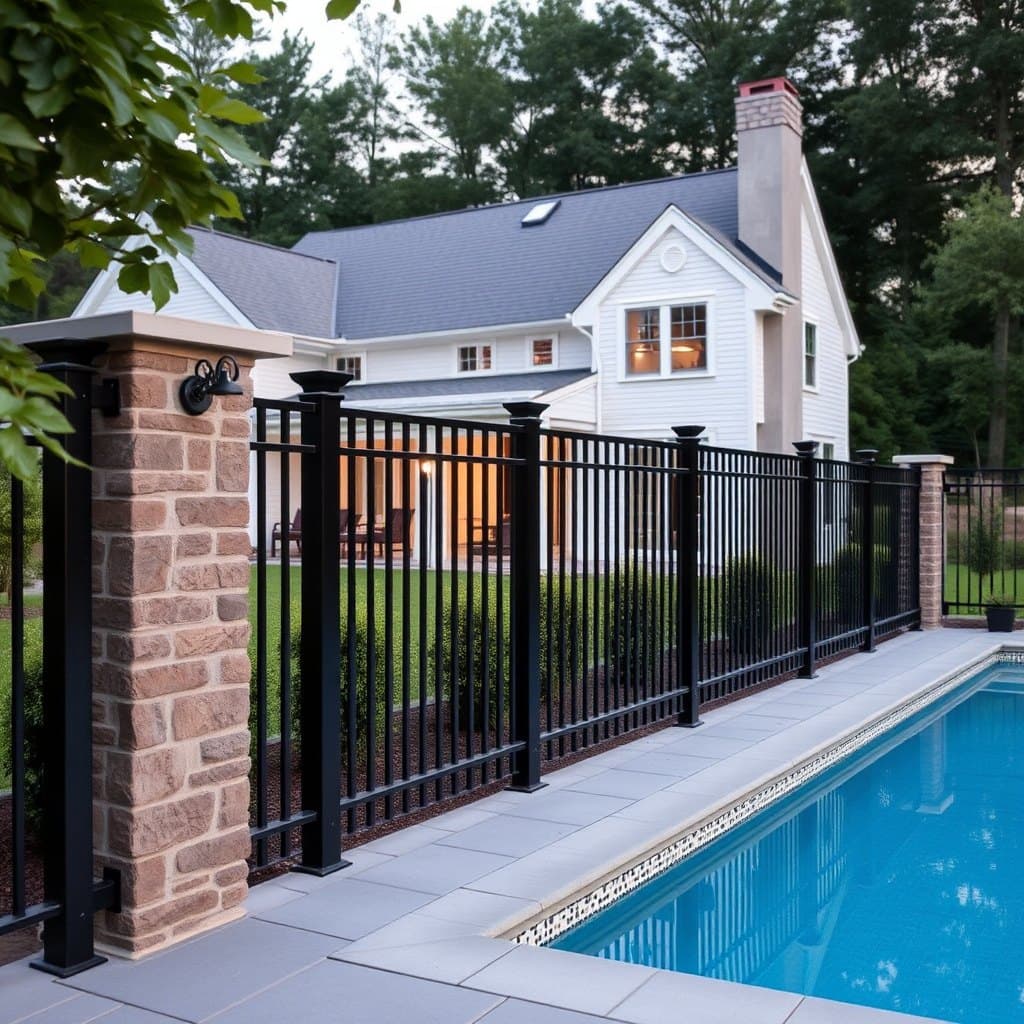 Finished black aluminum pool fence enclosing a New England backyard pool beside a white colonial home