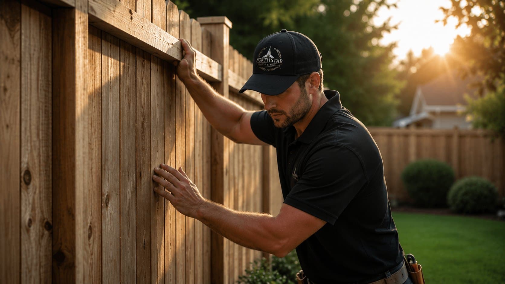 Northstar craftsman fitting a board on a cedar wood fence at golden hour