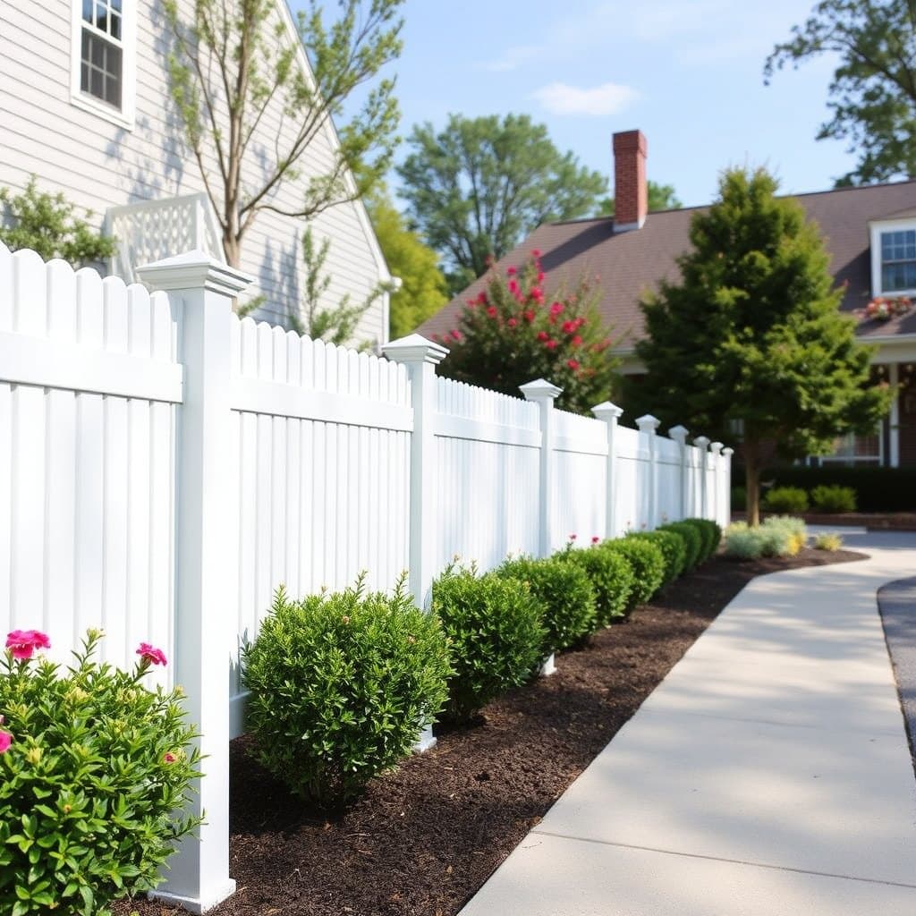 White vinyl privacy fence lining a landscaped New England front walkway